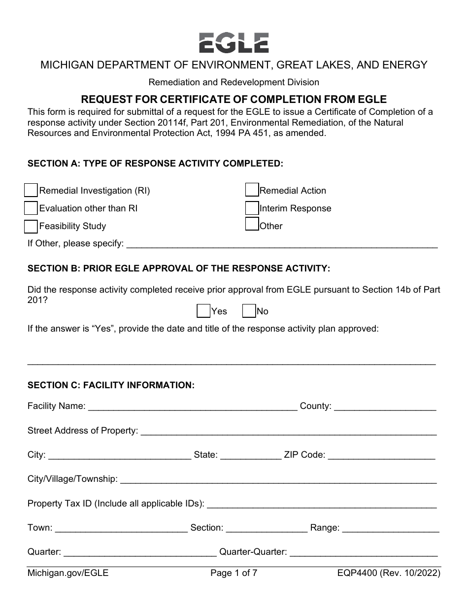 Form EQP4400 Request for Certificate of Completion From Egle - Michigan, Page 1