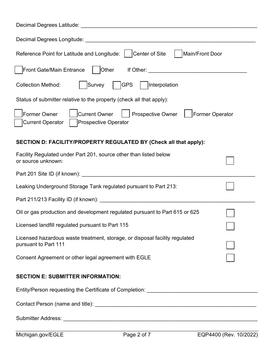 Form EQP4400 Request for Certificate of Completion From Egle - Michigan, Page 2