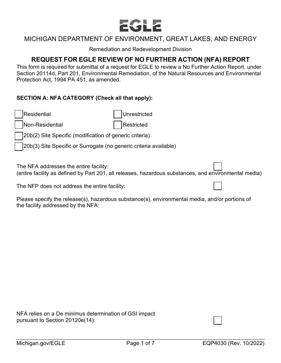 Form EQP4030 Request for Egle Review of No Further Action (Nfa) Report - Michigan, Page 1