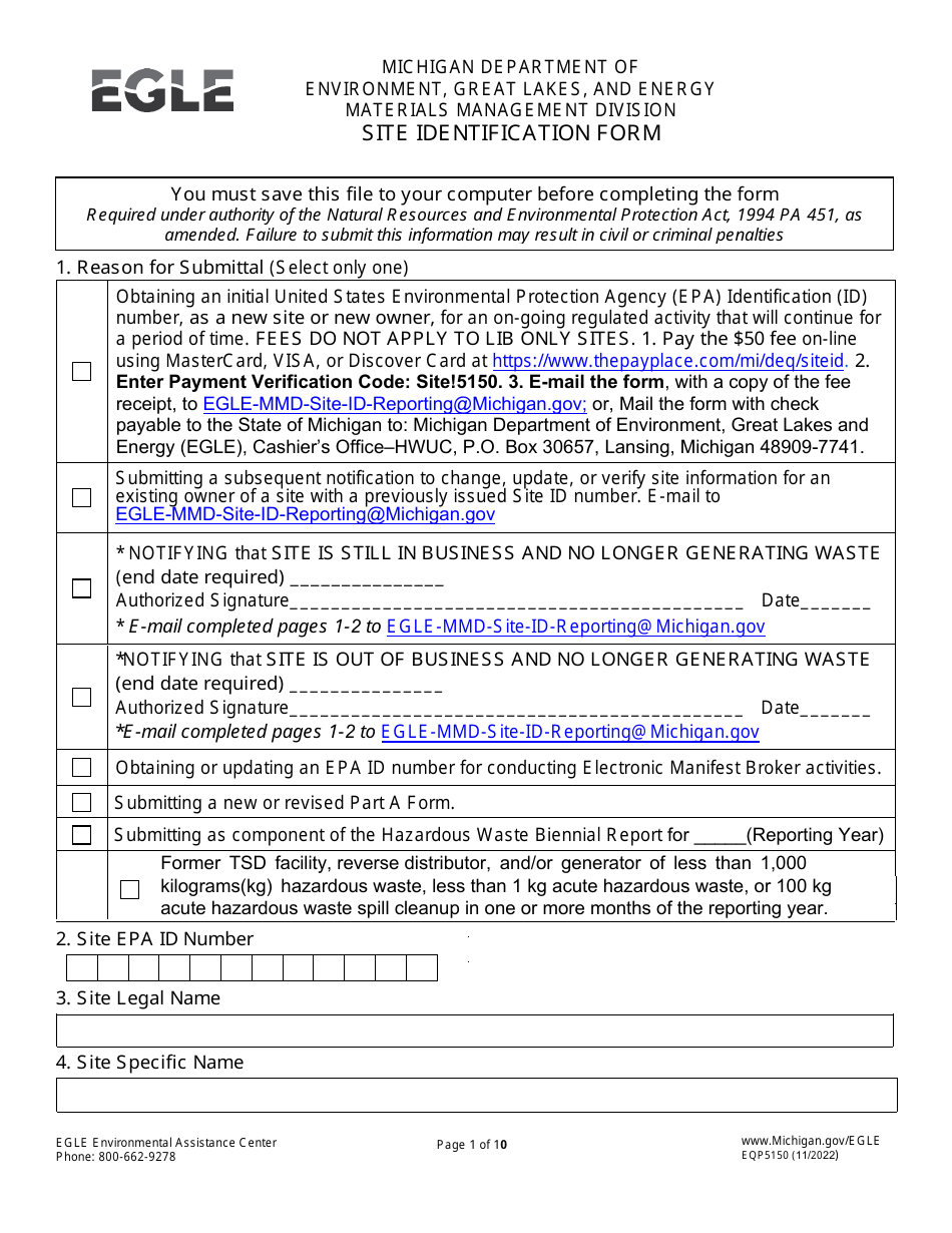 Form EQP5150 Site Identification Form - Michigan, Page 1