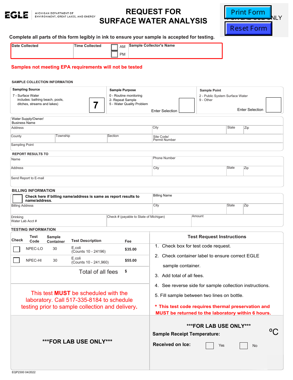 Form EQP2300 Request for Surface Water Analysis - Michigan, Page 1