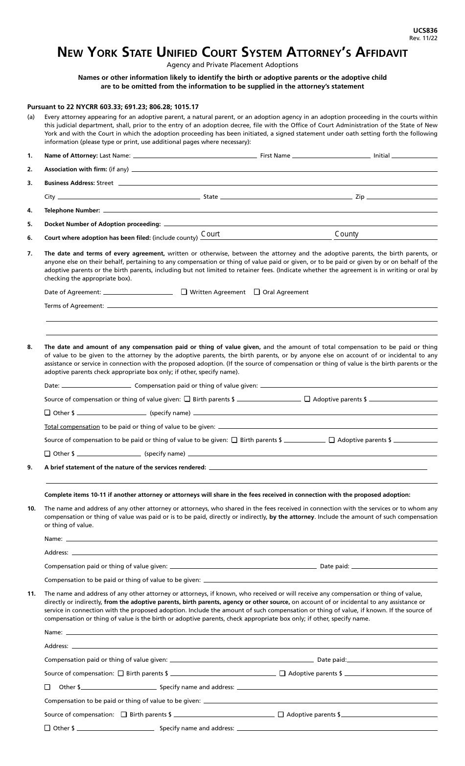 Form UCS836 Attorneys Affidavit - New York, Page 1