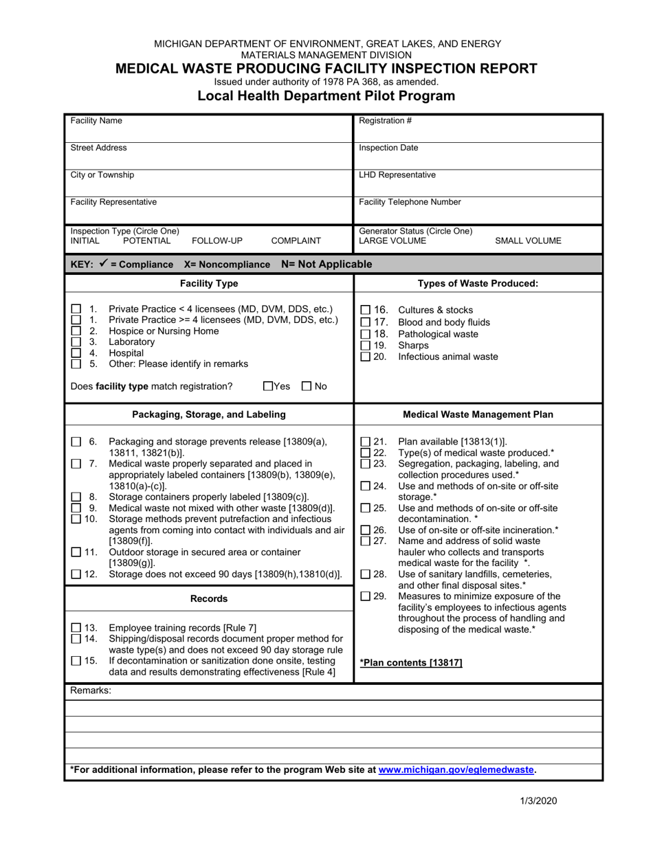 Medical Waste Producing Facility Inspection Report - Local Health Department Pilot Program - Michigan, Page 1