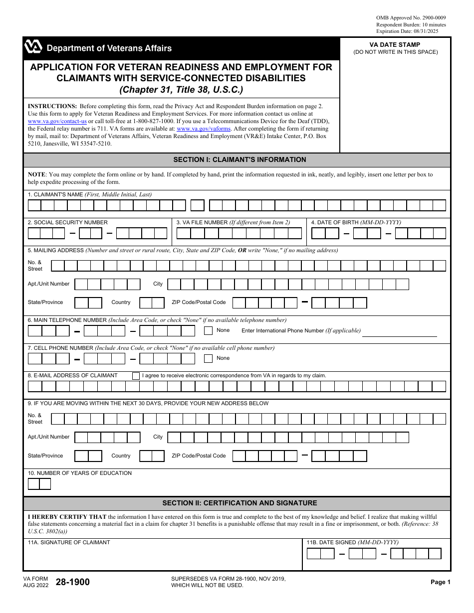VA Form 28-1900 Application for Veteran Readiness and Employment for Claimants With Service-Connected Disabilities (Chapter 31, Title 38, U.s.c.), Page 1
