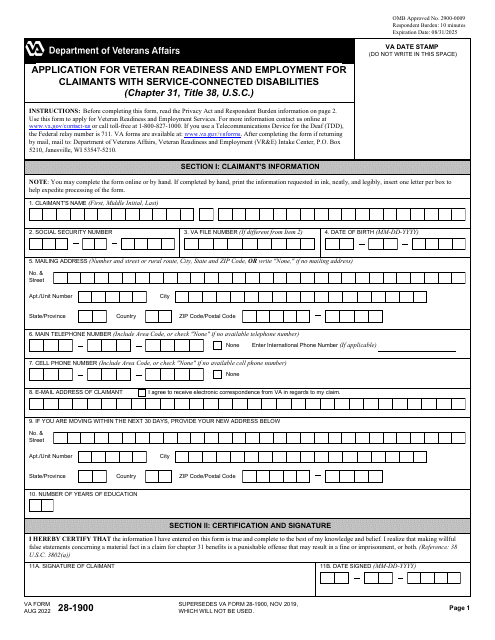 VA Form 28-1900 Application for Veteran Readiness and Employment for Claimants With Service-Connected Disabilities (Chapter 31, Title 38, U.s.c.)