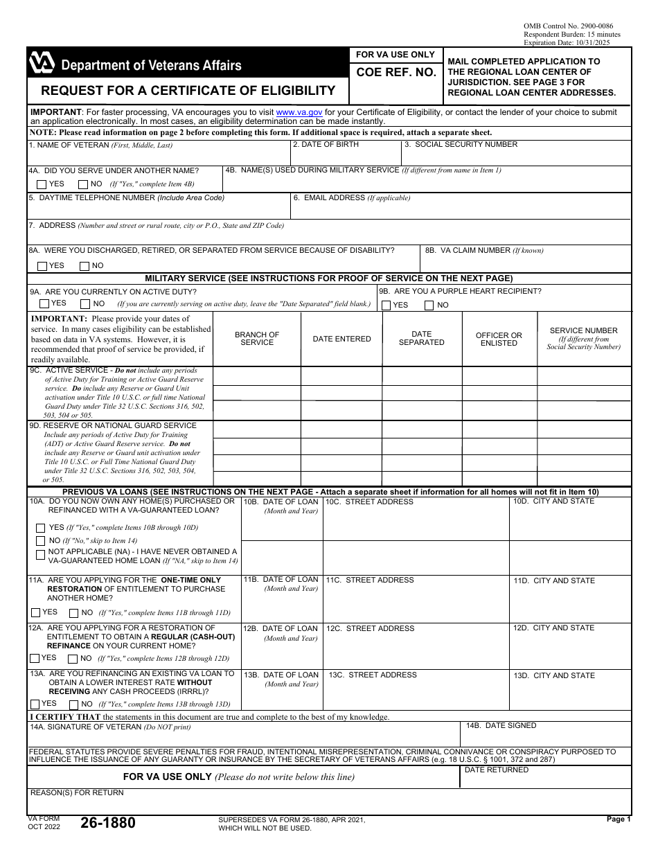 VA Form 26-1880 Request for a Certificate of Eligibility, Page 1