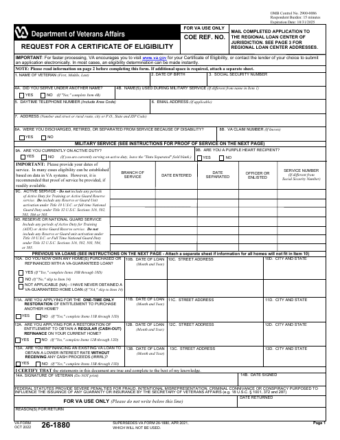 VA Form 26-1880 Request for a Certificate of Eligibility