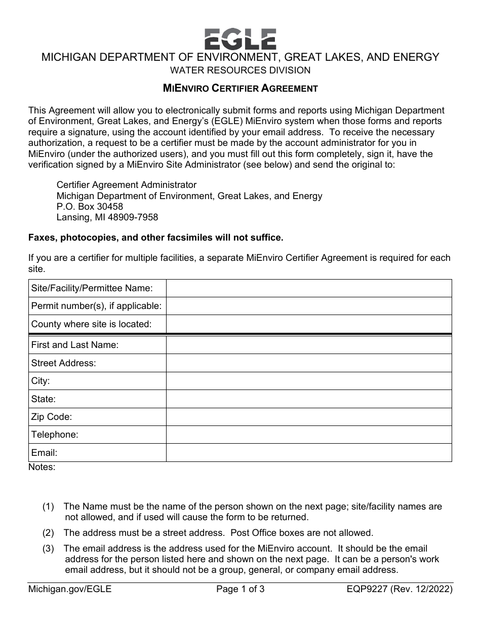 Form EQP9227 Mienviro Certifier Agreement - Michigan, Page 1