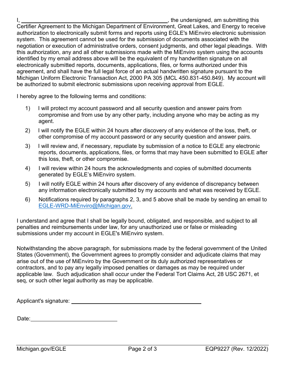 Form EQP9227 Mienviro Certifier Agreement - Michigan, Page 2