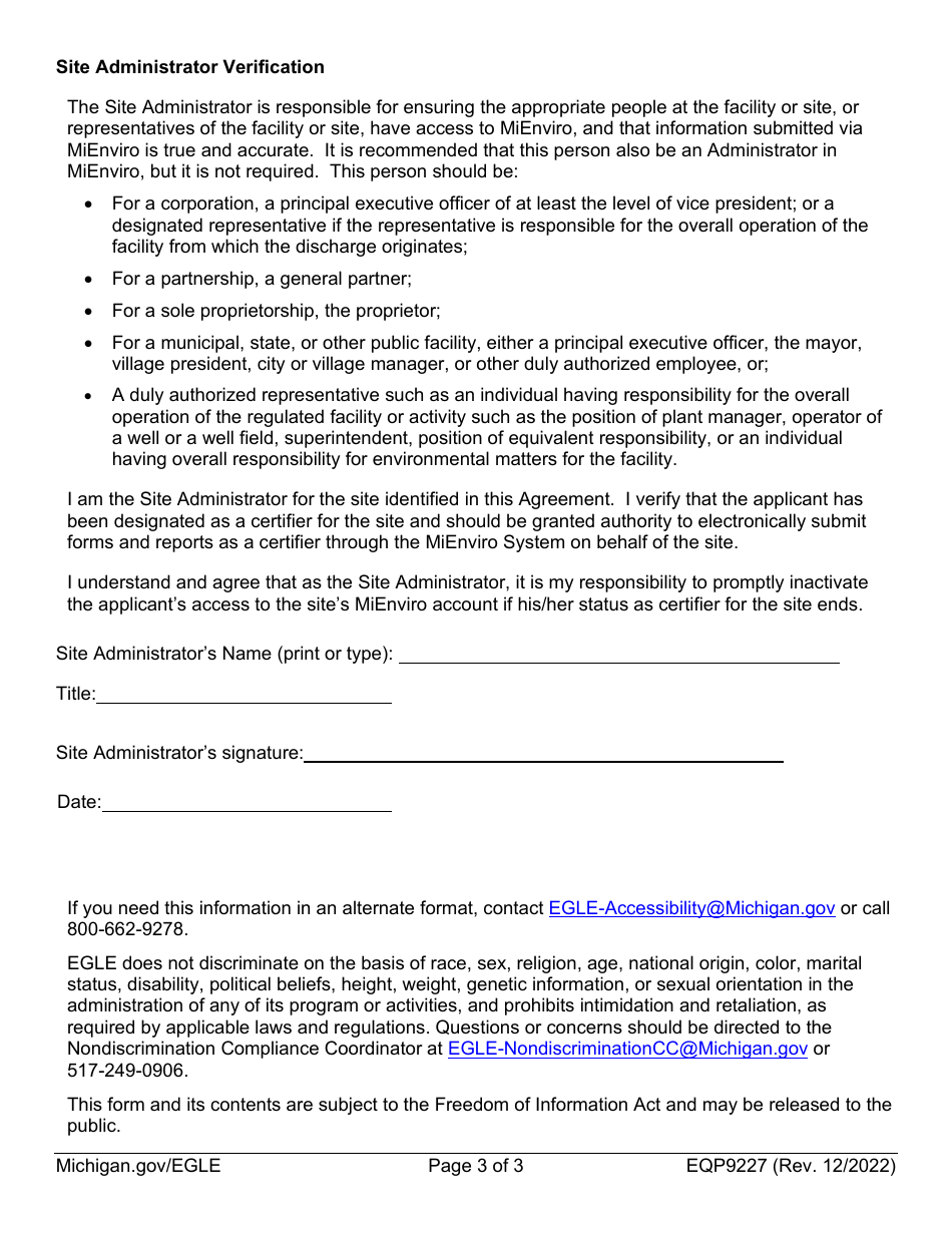 Form EQP9227 Mienviro Certifier Agreement - Michigan, Page 3