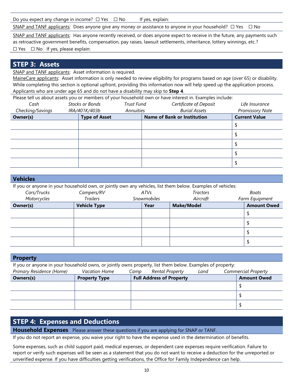 Maine Snap, TANF, or Mainecare Application for Benefits Fill Out