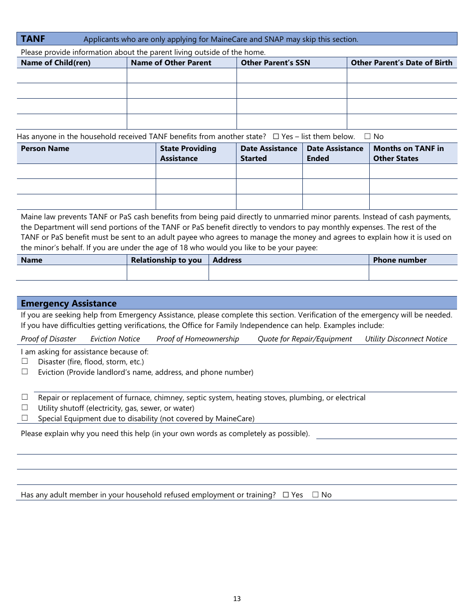 Snap, TANF, or Mainecare Application for Benefits - Maine, Page 13