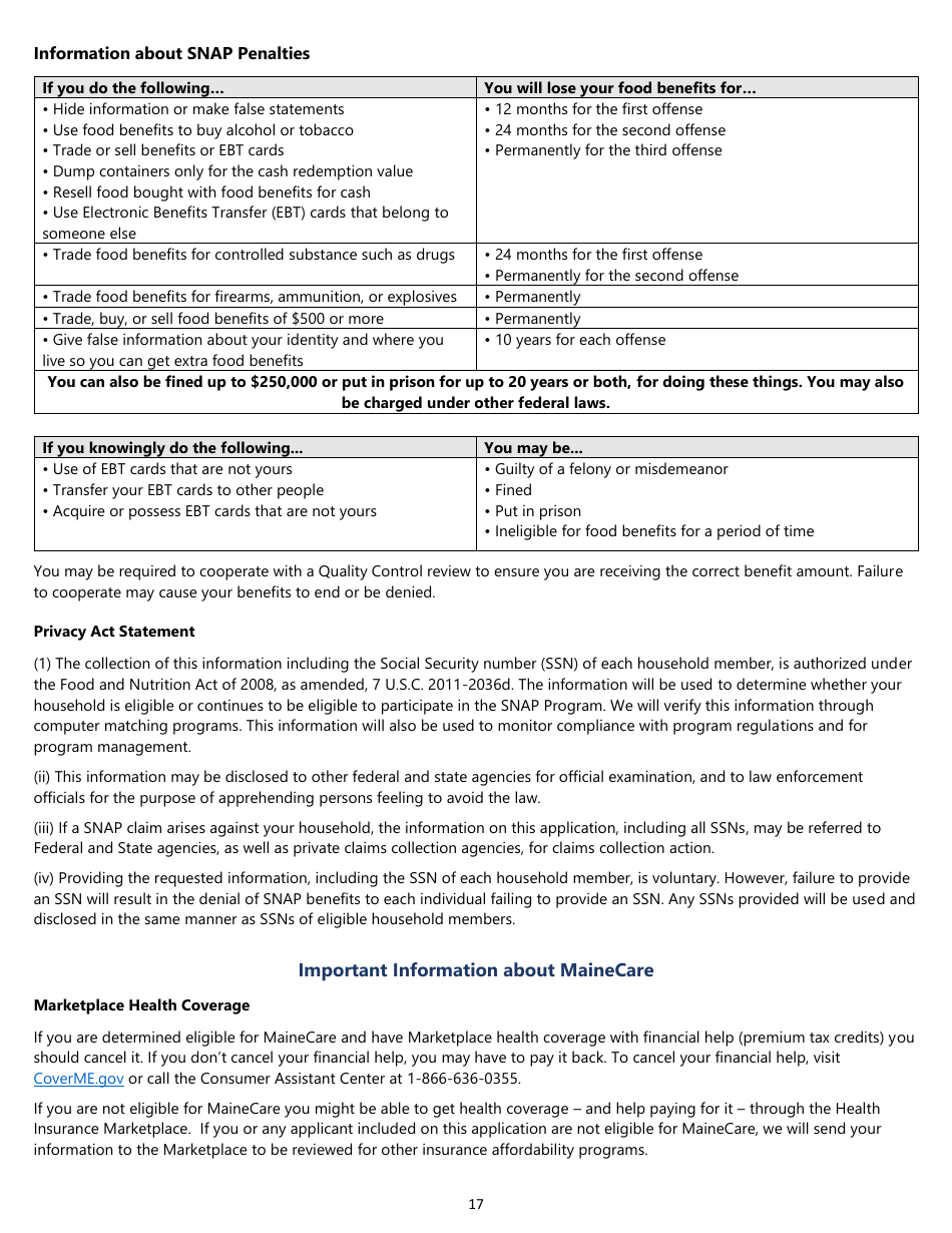 Snap, TANF, or Mainecare Application for Benefits - Maine, Page 17