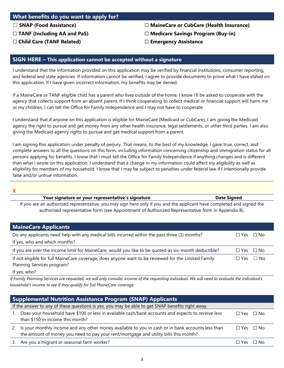 Snap, TANF, or Mainecare Application for Benefits - Maine, Page 3