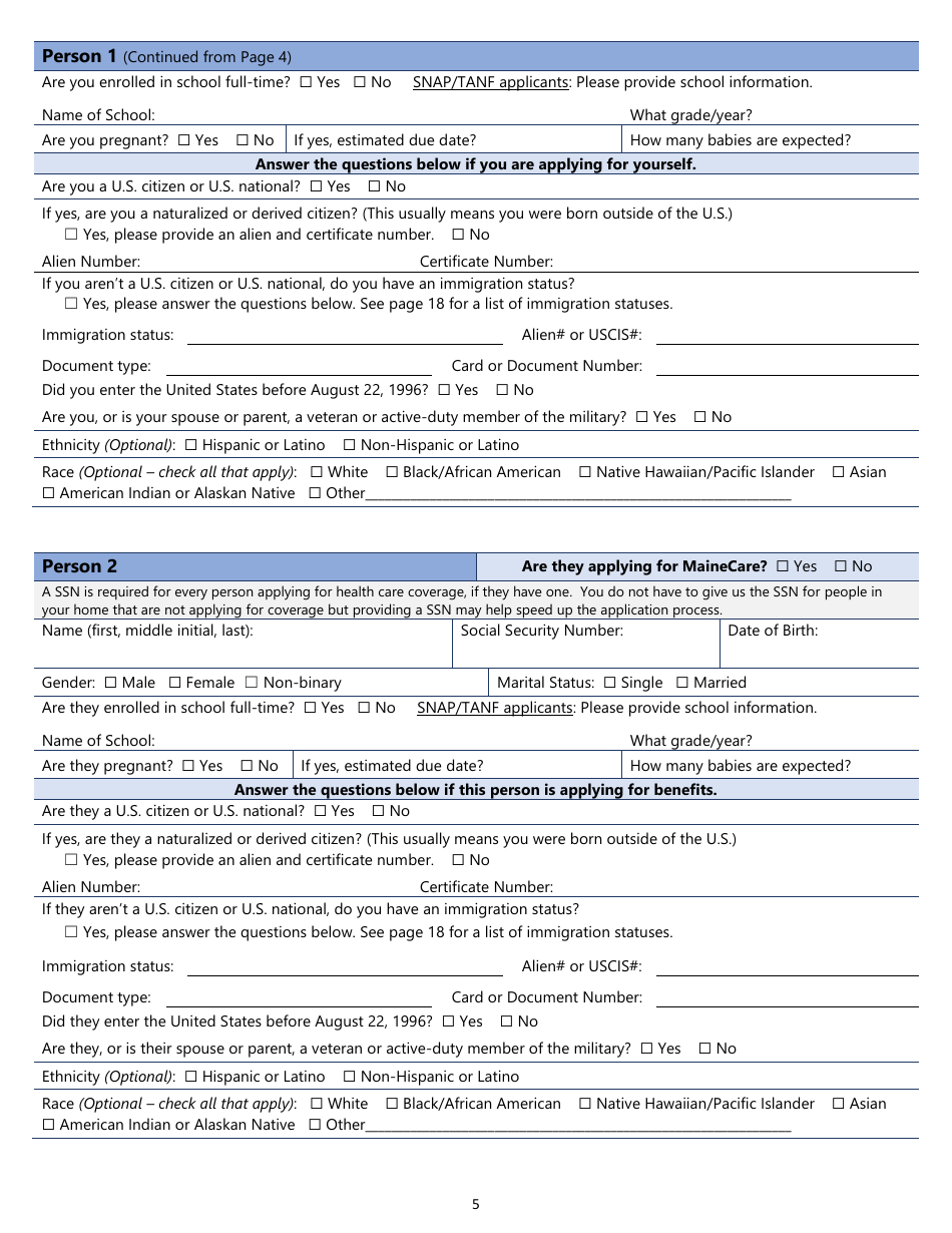 Snap, TANF, or Mainecare Application for Benefits - Maine, Page 5