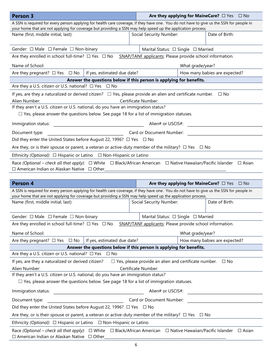 Maine Snap, TANF, or Mainecare Application for Benefits Fill Out