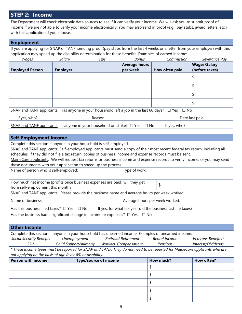 Maine Snap, TANF, or Mainecare Application for Benefits - Fill Out ...