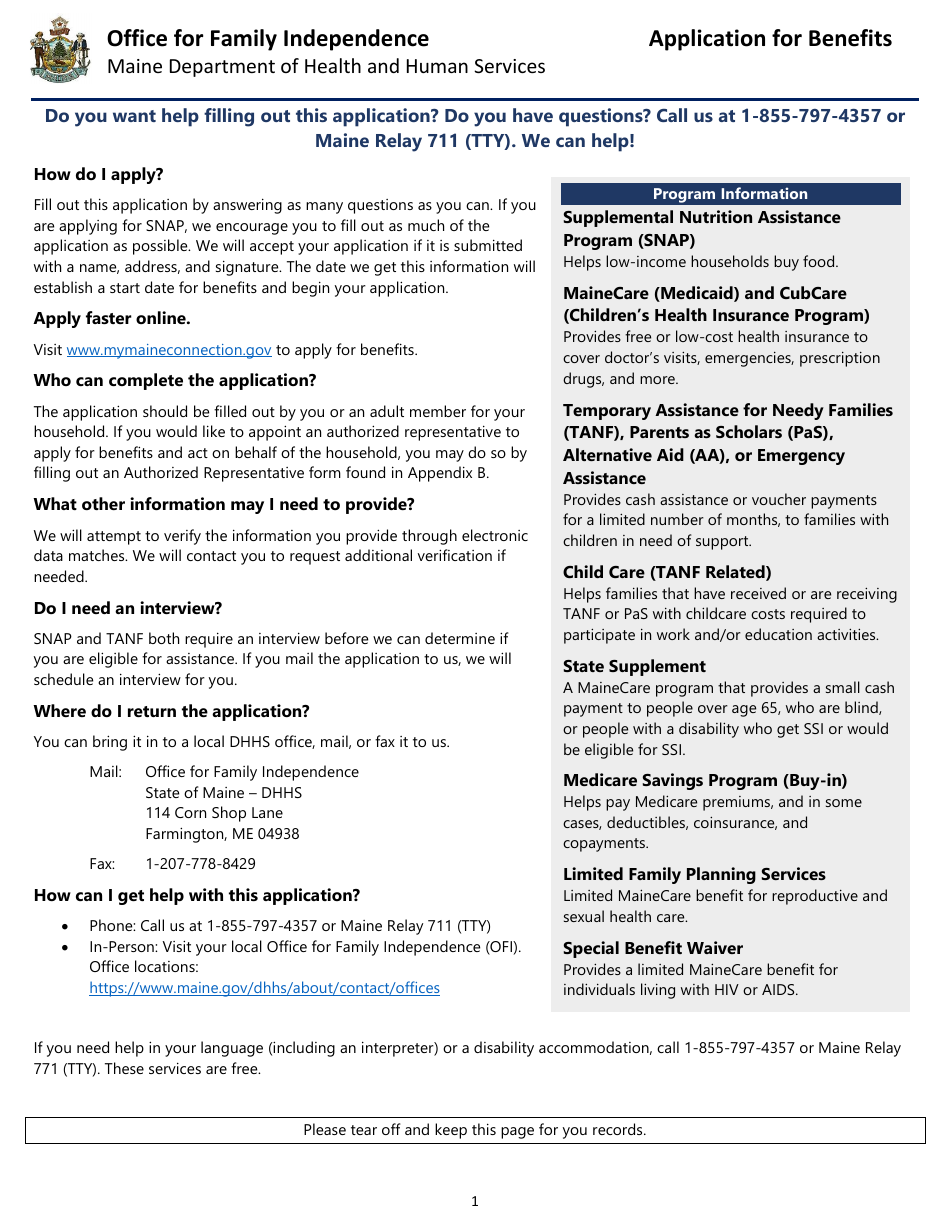 Maine Snap, TANF, or Mainecare Application for Benefits Fill Out