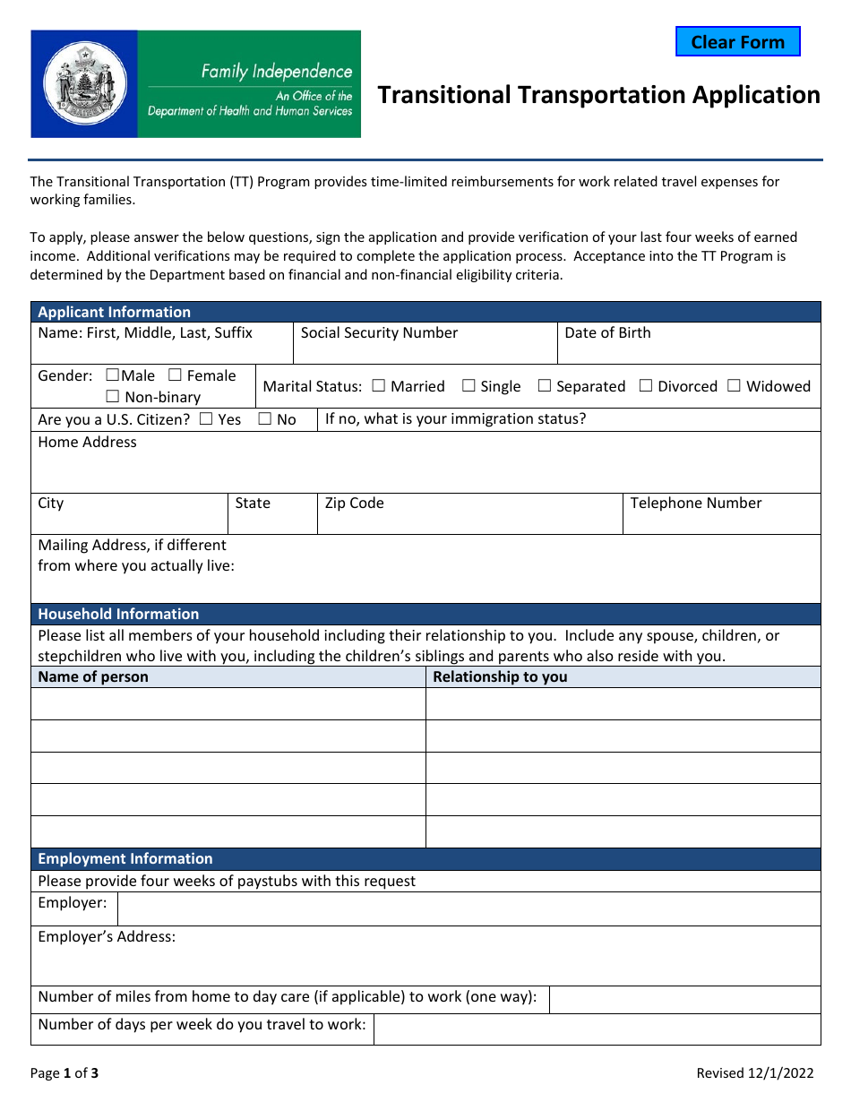 Transitional Transportation Application - Maine, Page 1