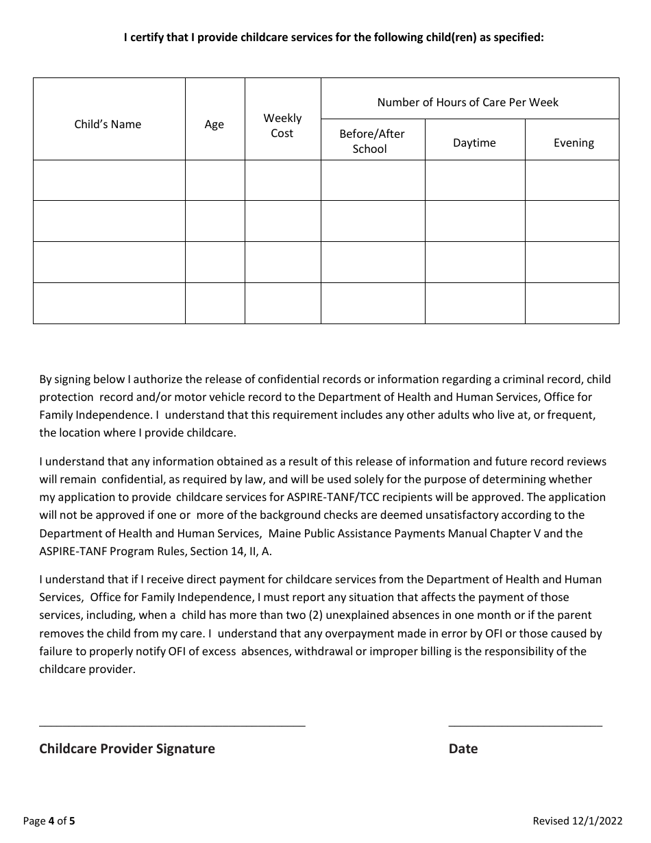Transitional Child Care Application - Maine, Page 4