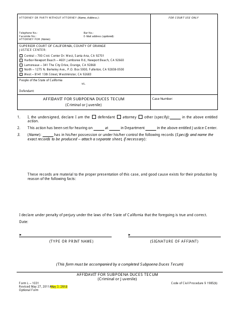 Form L-1031 Affidavit for Subpoena Duces Tecum (Criminal or Juvenile) - Orange County, California