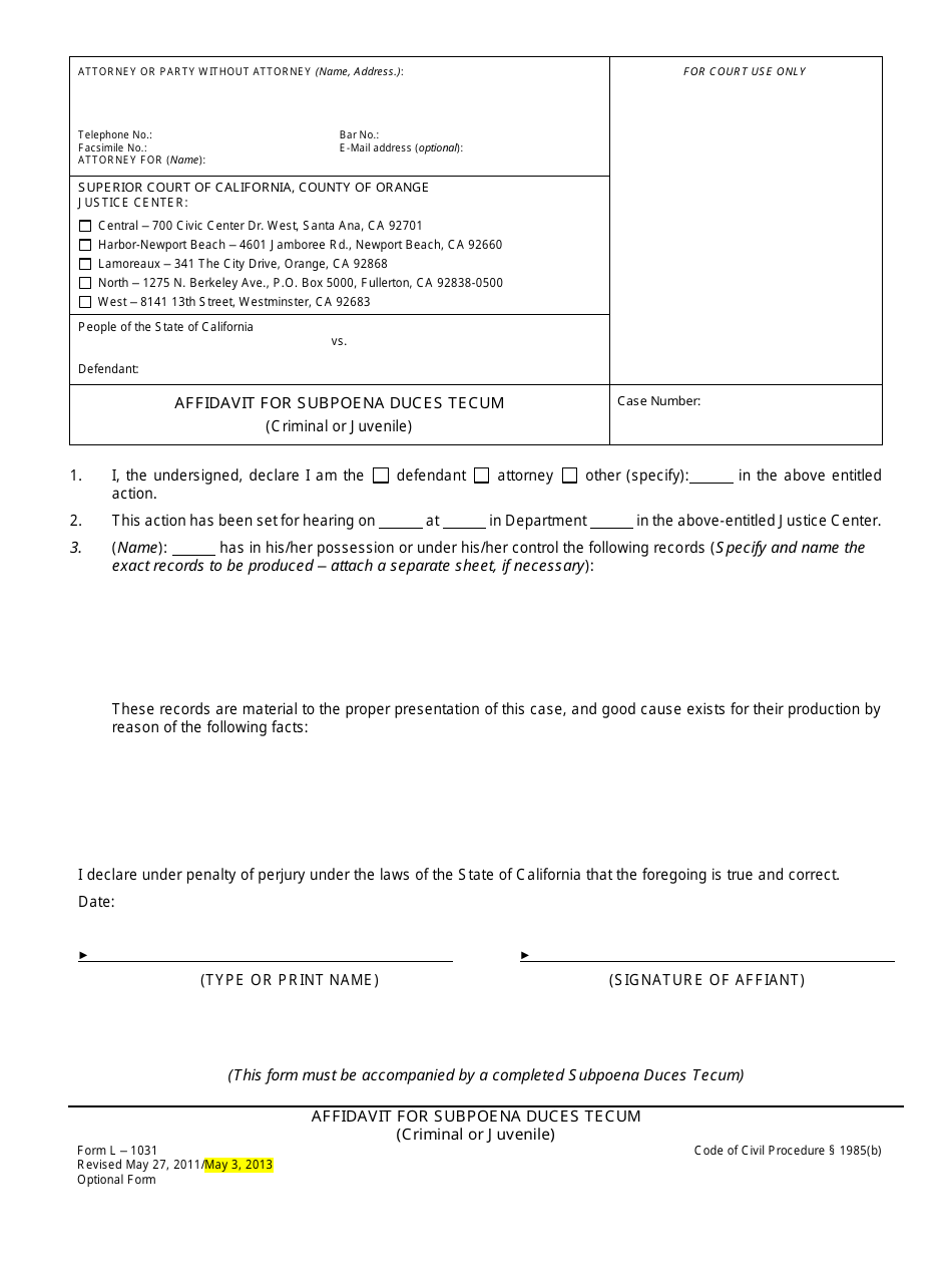 Form L-1031 Affidavit for Subpoena Duces Tecum (Criminal or Juvenile) - Orange County, California, Page 1