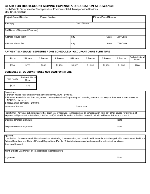 Form SFN10140 Claim for Room-Count Moving Expense & Dislocation Allowance - North Dakota