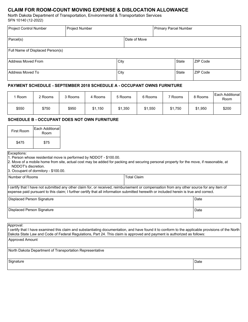 Form SFN10140 Claim for Room-Count Moving Expense  Dislocation Allowance - North Dakota, Page 1