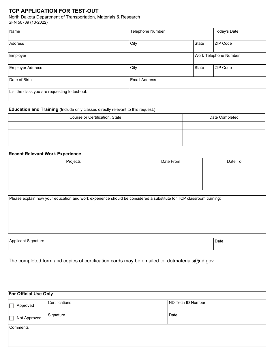 Form SFN50739 Tcp Application for Test-Out - North Dakota, Page 1