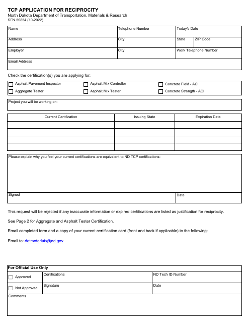 Form SFN50854 Tcp Application for Reciprocity - North Dakota