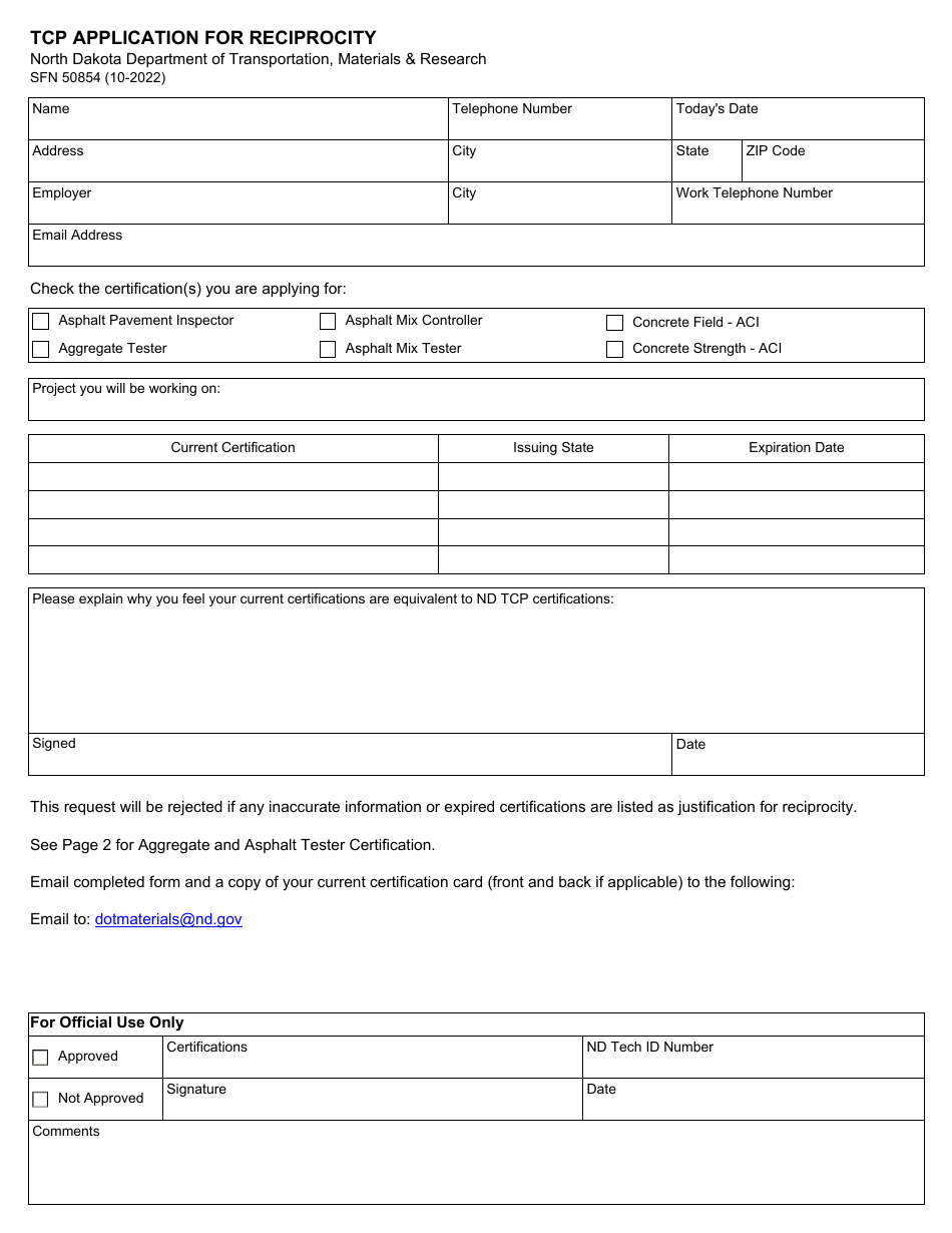 Form SFN50854 Tcp Application for Reciprocity - North Dakota, Page 1