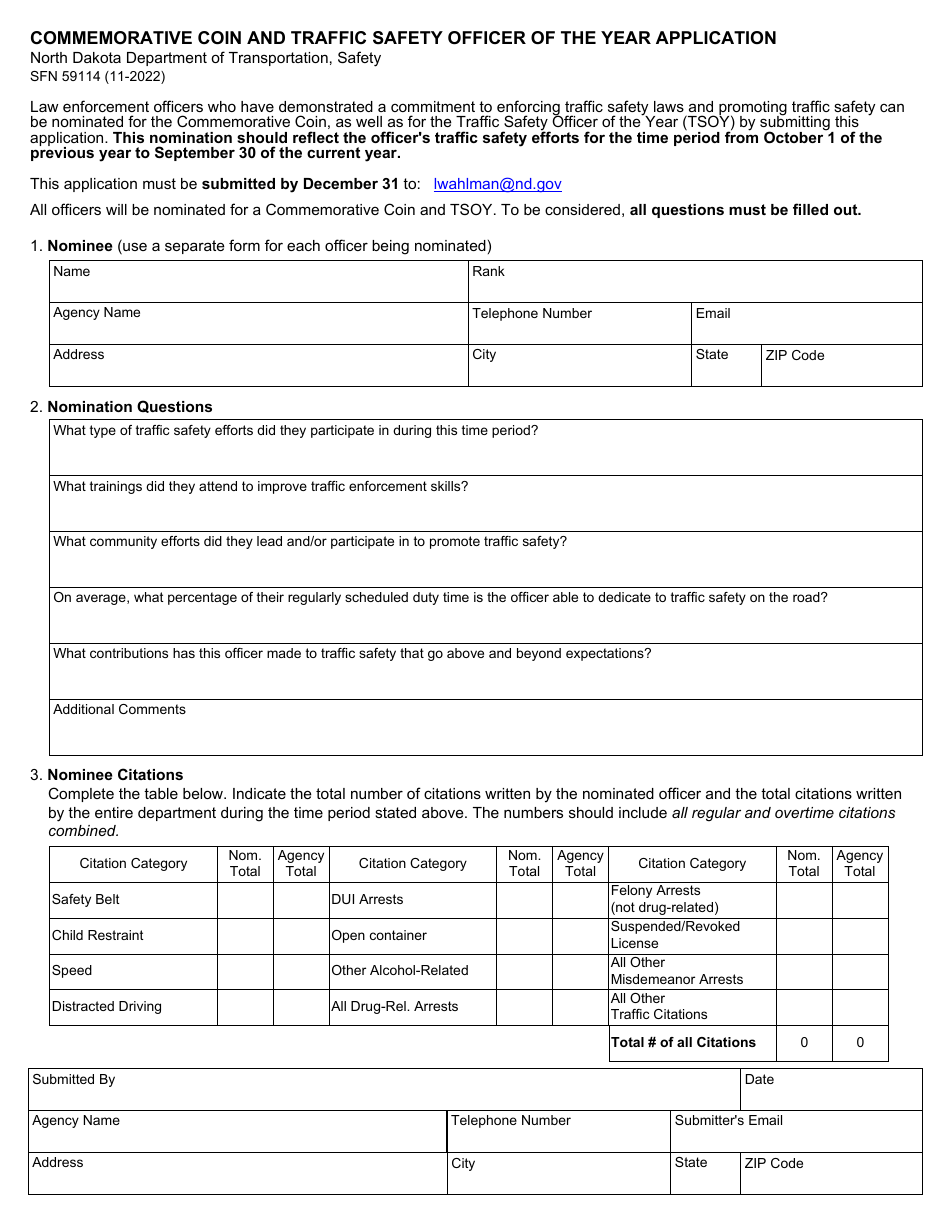 Form SFN59114 Commemorative Coin and Traffic Safety Officer of the Year Application - North Dakota, Page 1