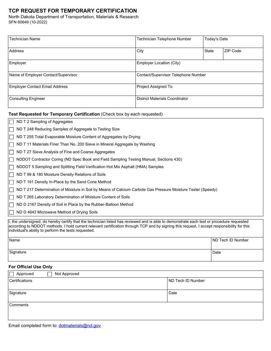 Form SFN60649 Tcp Request for Temporary Certification - North Dakota, Page 1