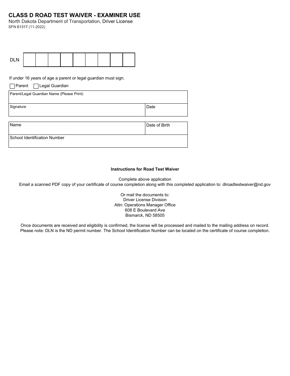 Form SFN61317 Class D Road Test Waiver - Examiner Use - North Dakota, Page 1