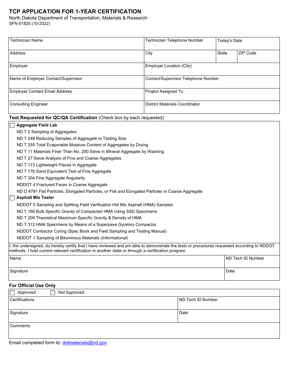 Form SFN61825 Tcp Application for 1-year Certification - North Dakota, Page 1
