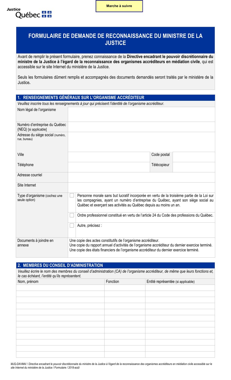 Demande Pour La Reconnaissance DES Organismes Accrediteurs En Mediation Civile - Quebec, Canada (French), Page 1