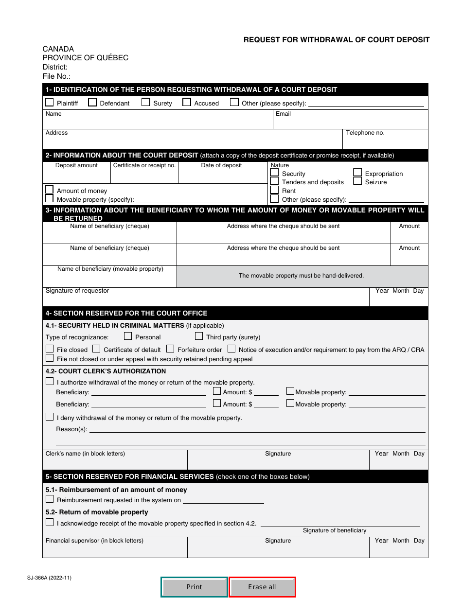Form SJ-366A Request for Withdrawal of Court Deposit - Quebec, Canada, Page 2