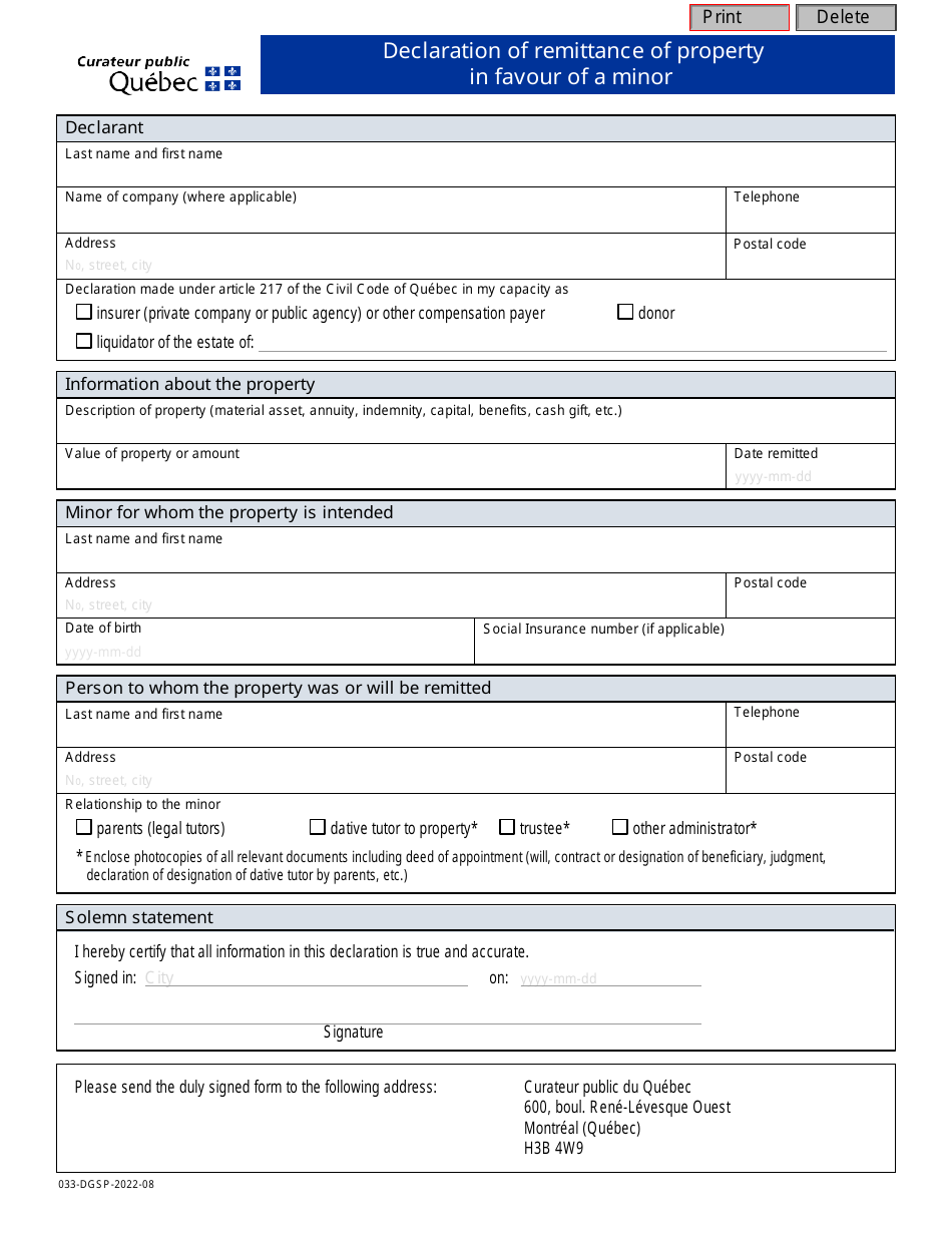 Form 033-DGSP Declaration of Remittance of Property in Favour of a Minor - Quebec, Canada, Page 1