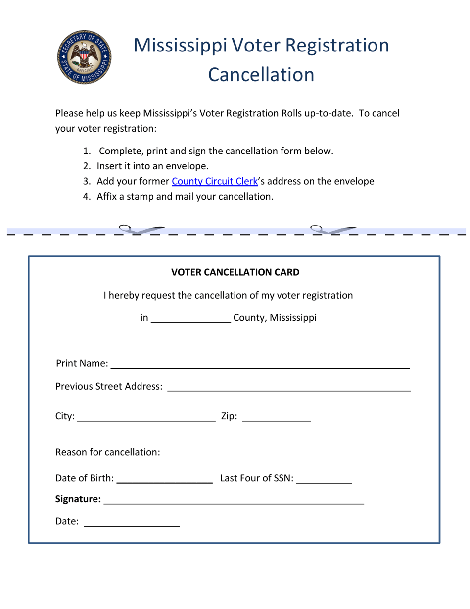 Mississippi Voter Registration Cancellation Form - Mississippi, Page 1