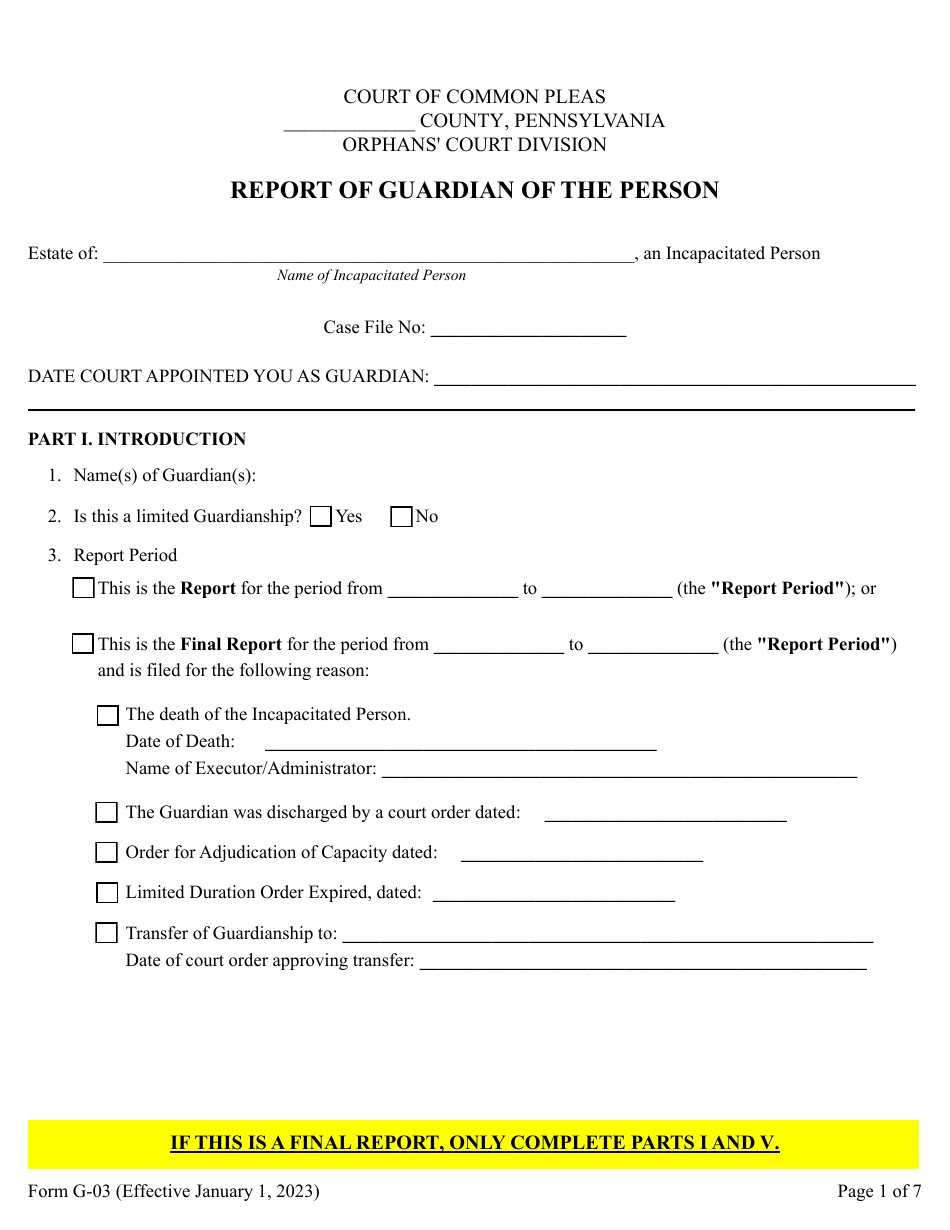 Form G-03 Report of Guardian of the Person - Pennsylvania, Page 1