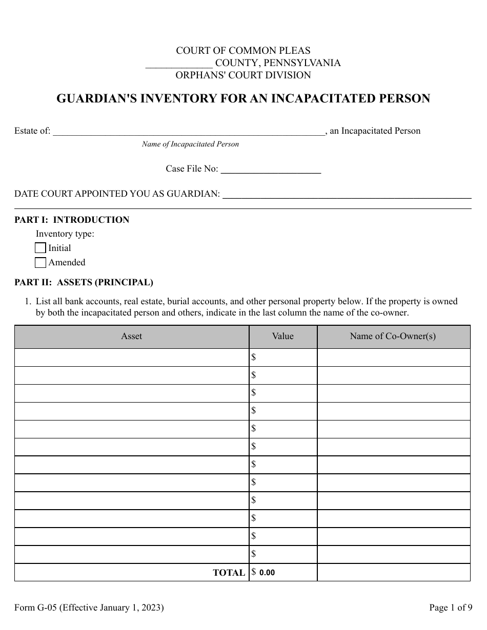 Form G-05 Guardians Inventory for an Incapacitated Person - Pennsylvania, Page 1