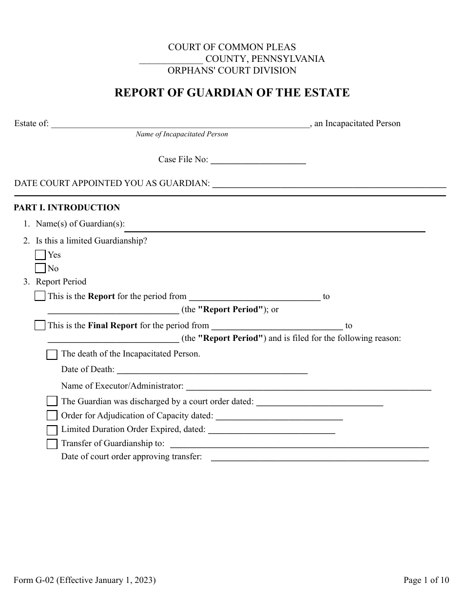 Form G-02 Report of Guardian of the Estate - Pennsylvania, Page 1