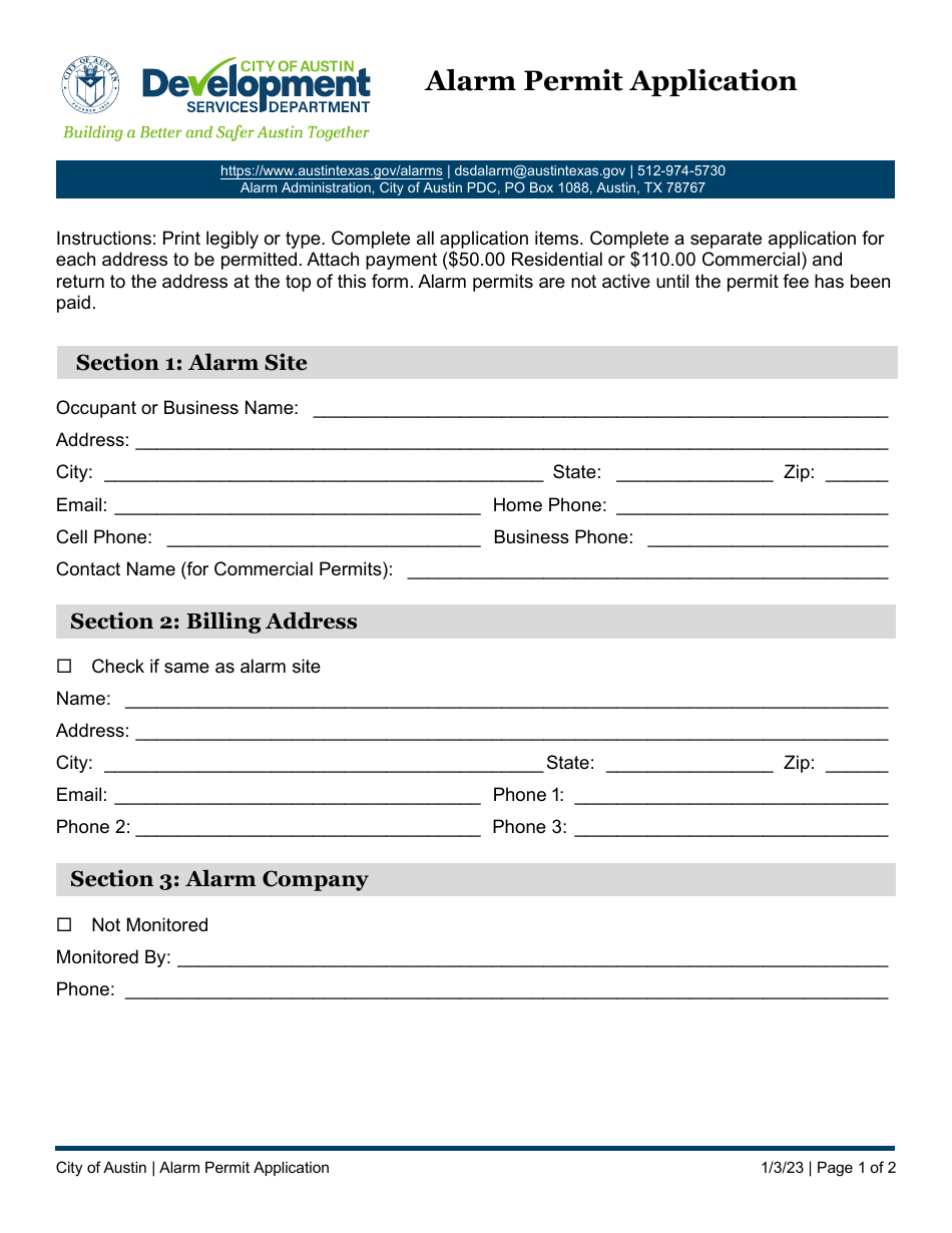 City of Austin, Texas Alarm Permit Application Download Fillable PDF