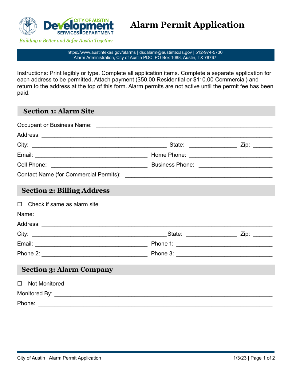 Alarm Permit Application - City of Austin, Texas, Page 1