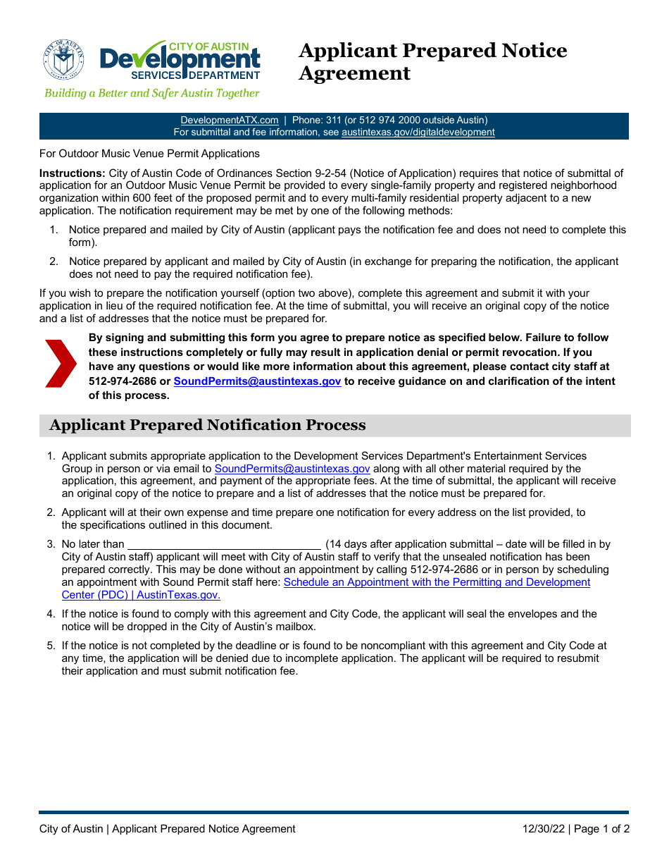 Applicant Prepared Notice Agreement - City of Austin, Texas, Page 1