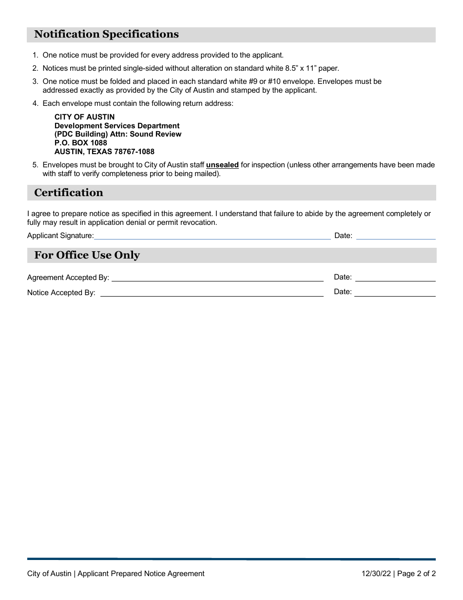 City Of Austin, Texas Applicant Prepared Notice Agreement - Fill Out ...