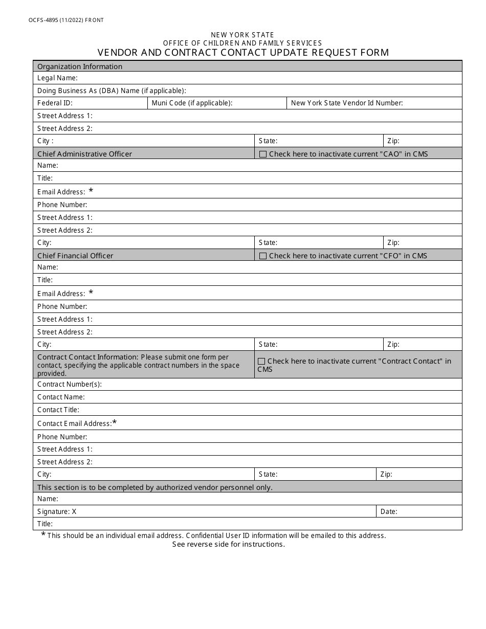 Form OCFS-4895 Vendor and Contract Contact Update Request Form - New York, Page 1