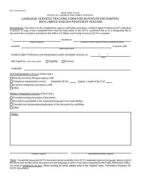 Form OCFS-5033 Language Services Tracking Form for in-Person Encounters With Limited English Proficient Persons - New York