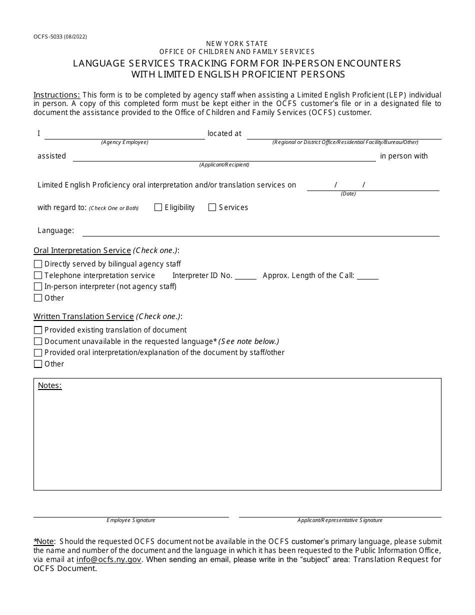 Form OCFS-5033 Language Services Tracking Form for in-Person Encounters With Limited English Proficient Persons - New York, Page 1