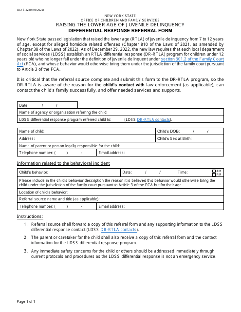 Form OCFS-2210 Raising the Lower Age of Juvenile Delinquency Differential Response Referral Form - New York